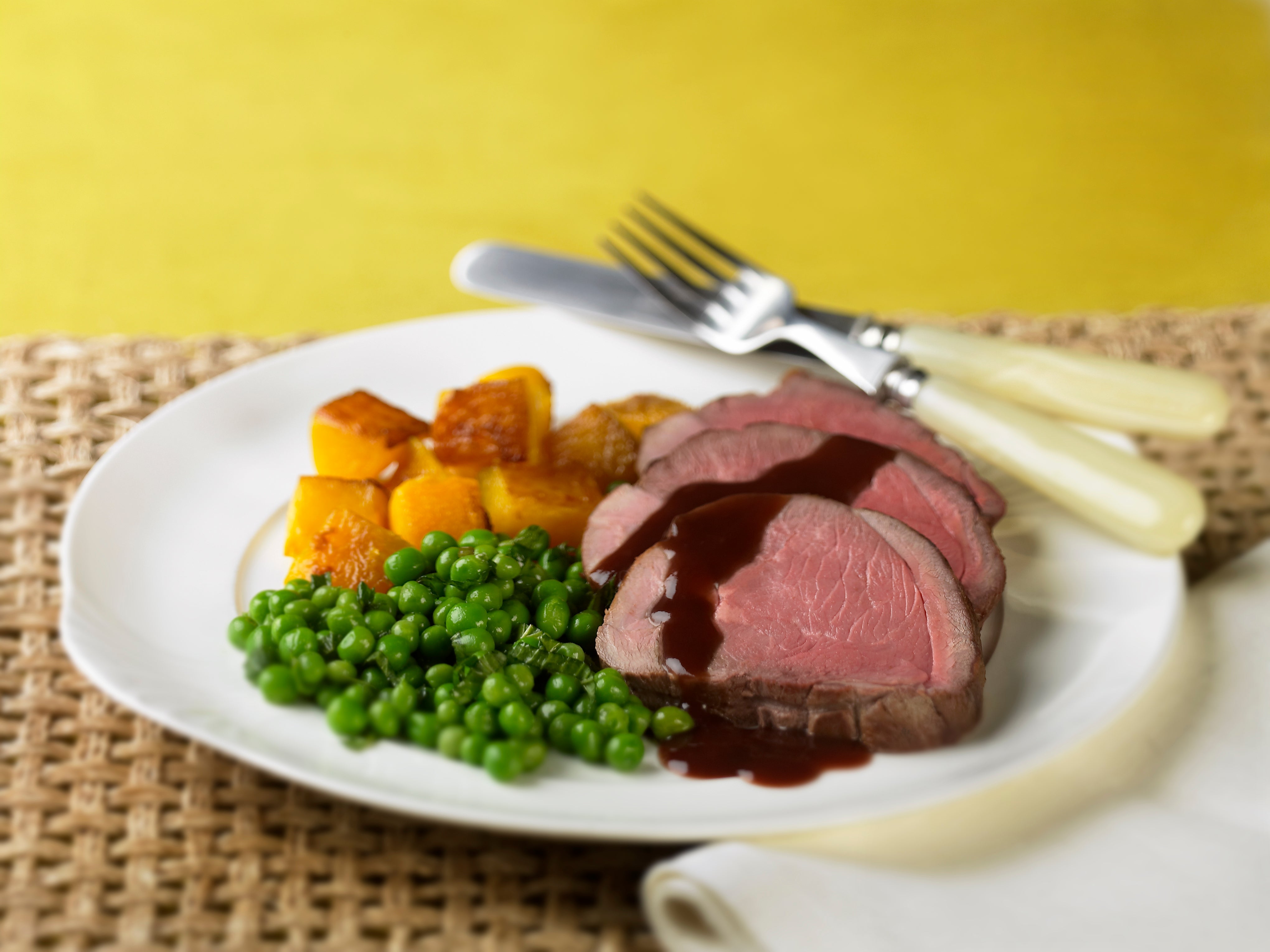 Brown Sugar & Sage Australian Lamb Leg with Pumpkin, Mint Peas & Gravy