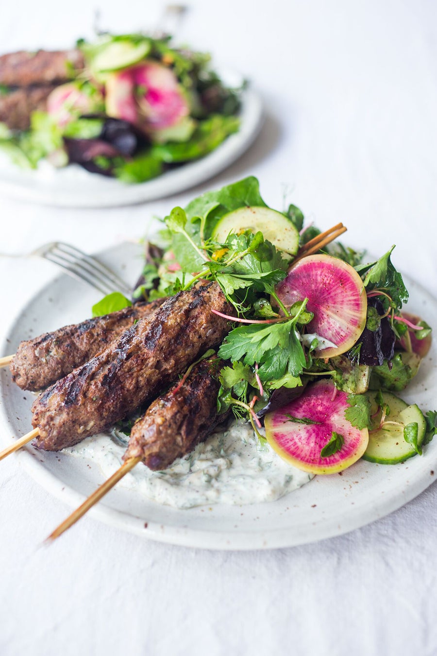 Grilled Lamb Kabobs with Herb Salad & Yogurt Sauce