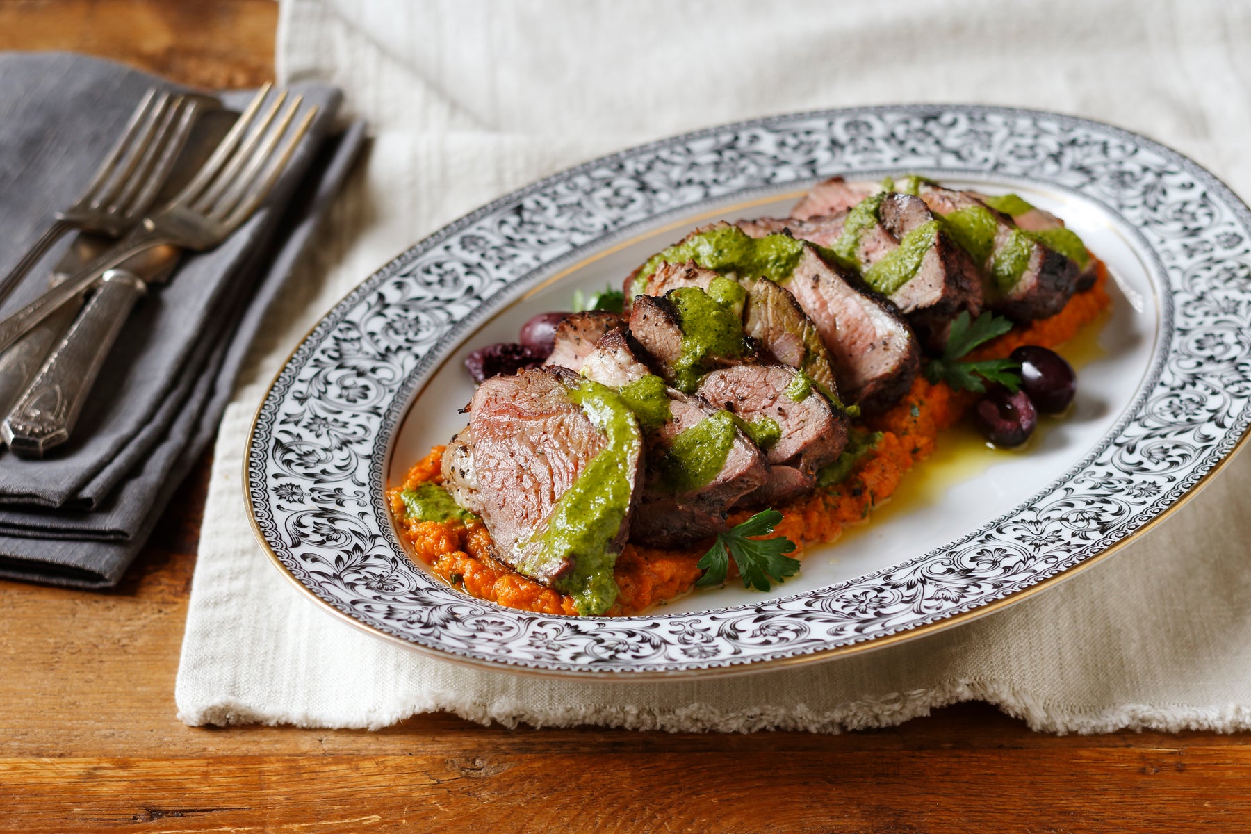 Grilled Lamb Sirloin with Carrot Coriander Mash & Grilled Onions