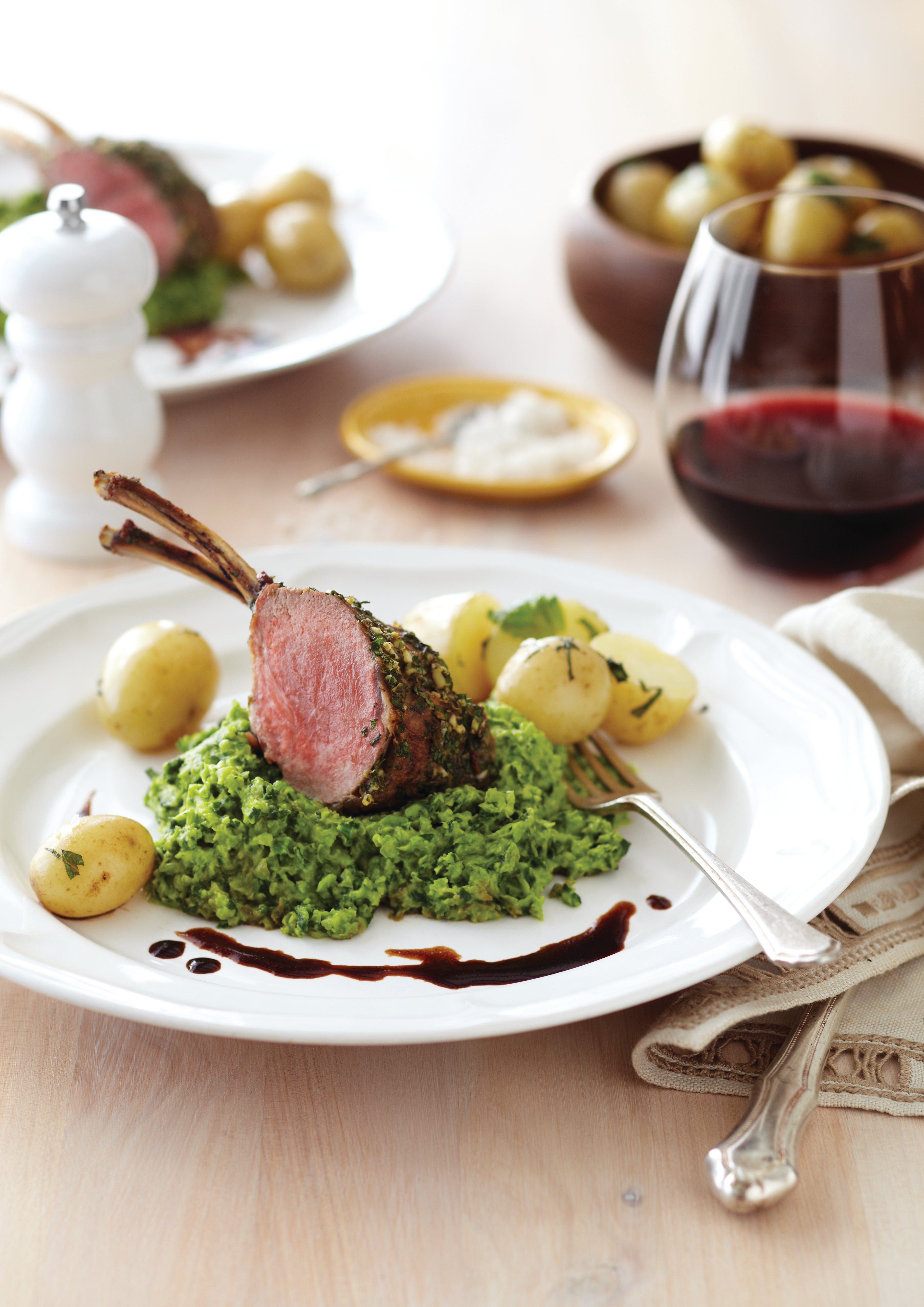 Herb & Caper Lamb Chops on Pea, Spinach & Lemon Mash