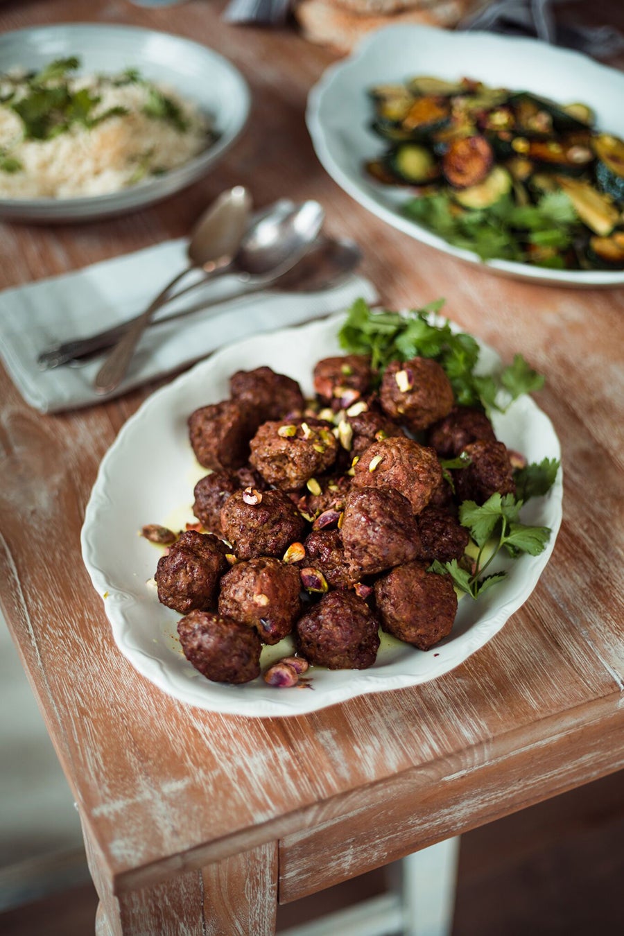 
Lamb Kofta Meatballs with Coconut Jasmine Rice, Zucchini & Pistachio
