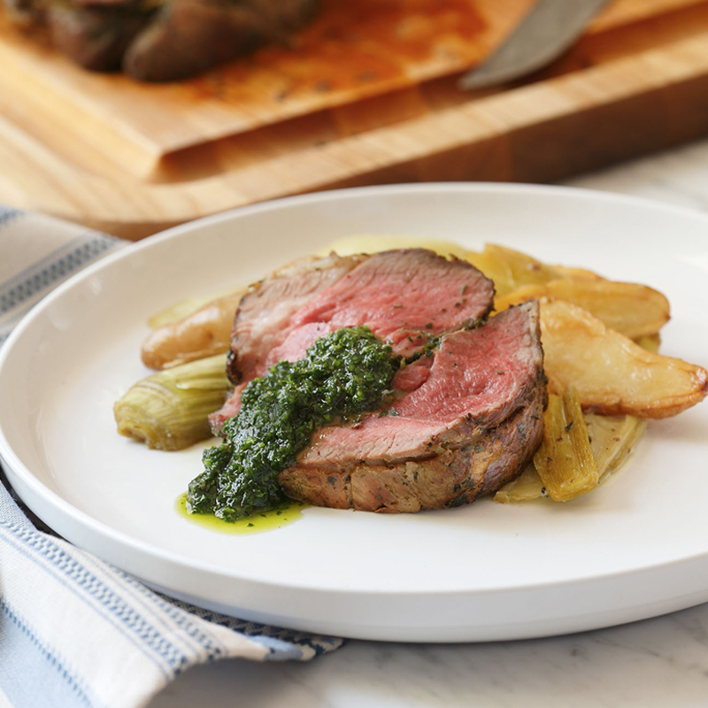 Roasted Boneless Leg of Lamb with Fingerling Potatoes, Leeks & Mint Salsa Verde