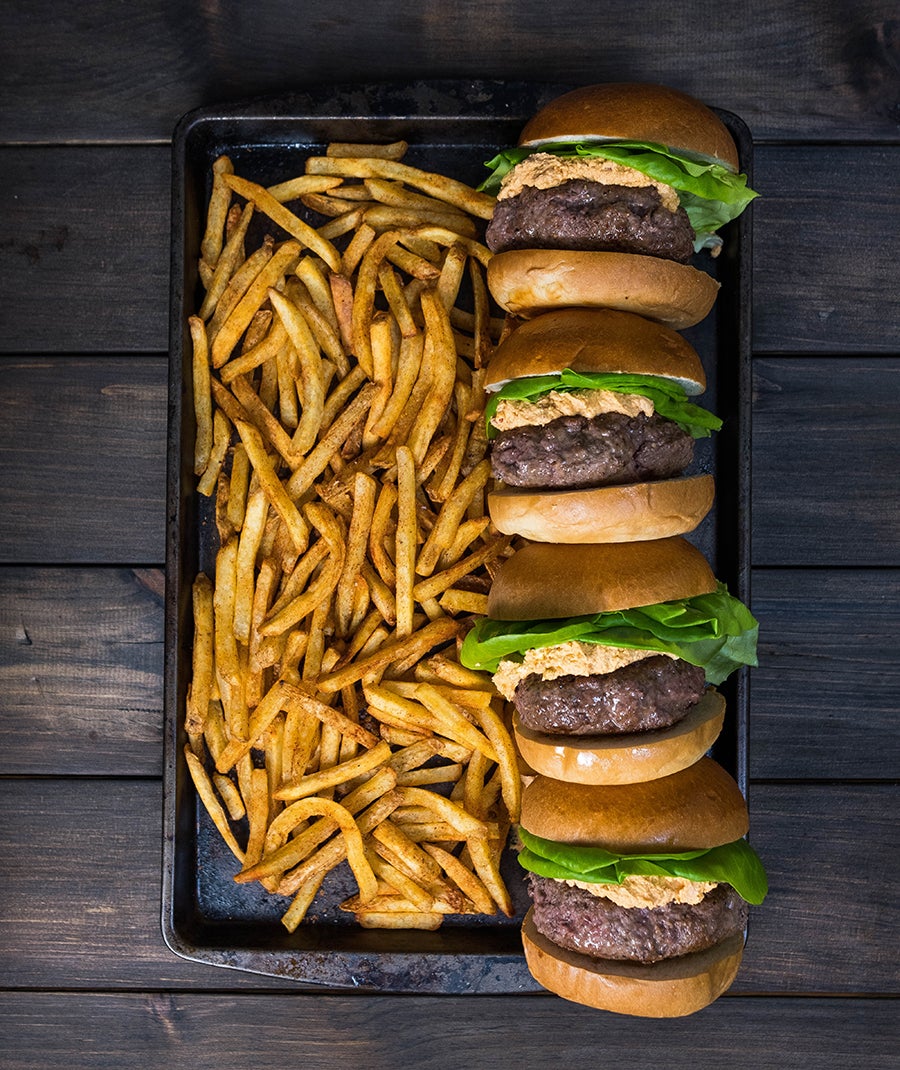 Harissa Goat Cheese Lamb Burgers & Spicy Fries